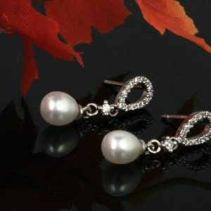 Drop Pearl & Oval Zircon Earrings